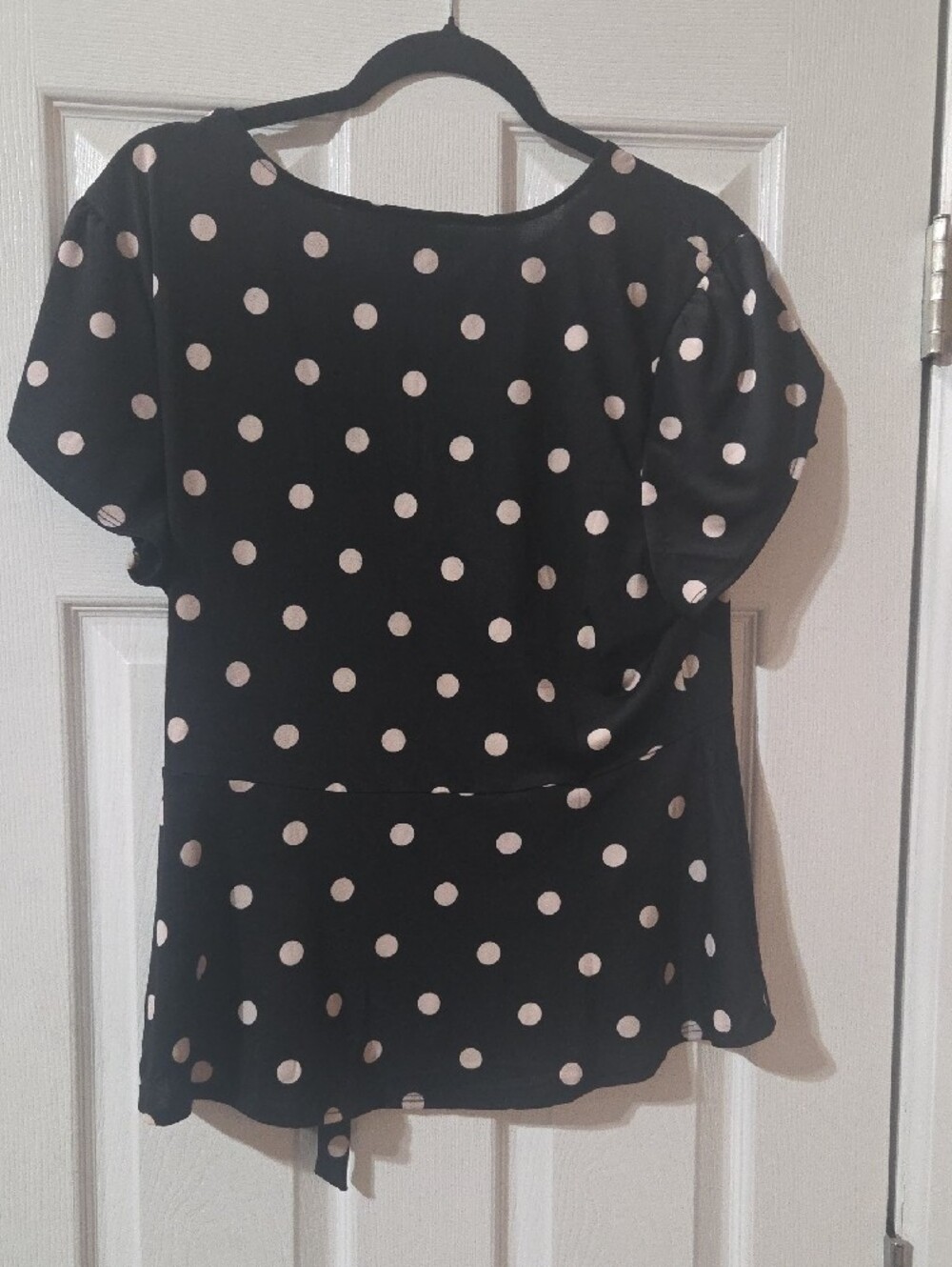 AUW Black Polka Dot Wrap Blouse with Light Pink Dots - Picture 6 of 6